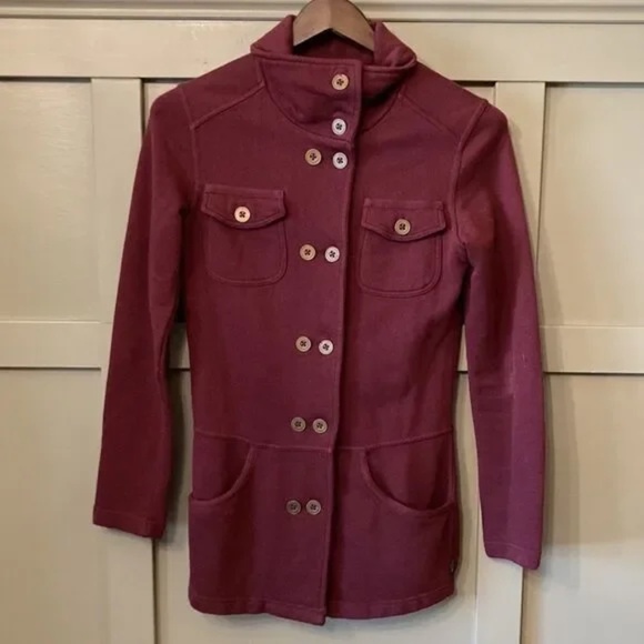 Prana Burgundy Button Down Military Style Sweater Coat 100% Cotton Size XS - Picture 2 of 7